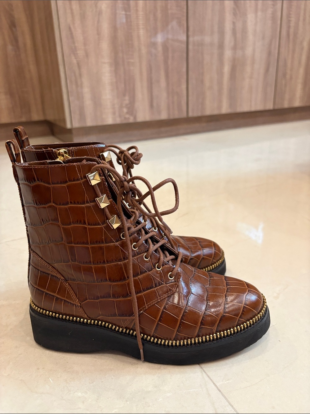 Michael Kors Brown Croc-Embossed Lace-Up Combat Boots with Gold Studs